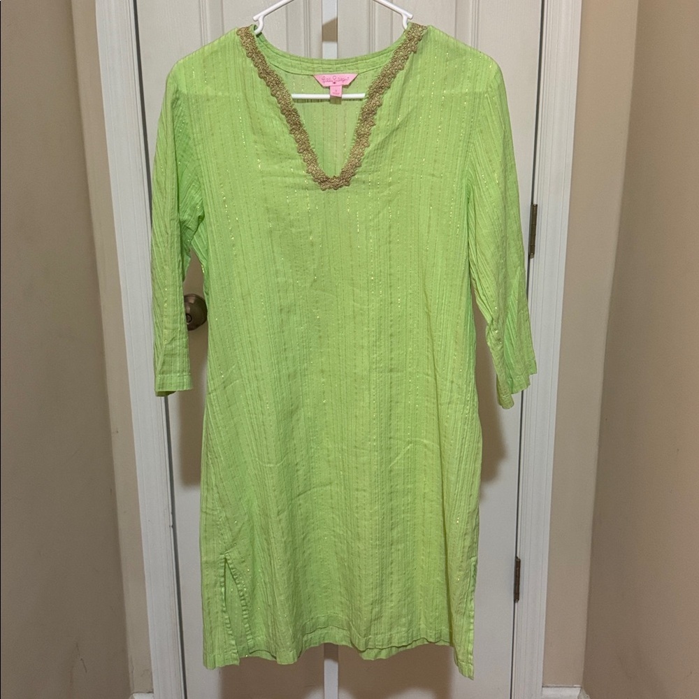 Lilly Pulitzer Lime tunic gold accents Esme Lurex Crinkle tunic/ dress